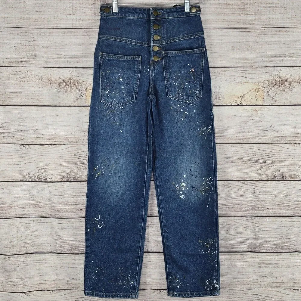 Zara Paint Splatter High Rise Cropped Painter Wide Leg Jeans Size 0 NWT - Picture 2 of 10